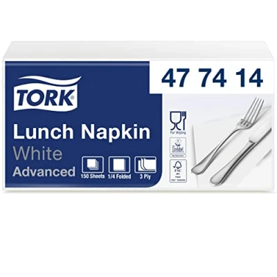 Imagen de Tork 477414 Lunch Soft/Servilletas suaves para almuerzo / 10 paquetes x 150 unidades (1500 unidades) Pliegue 1/4 color blanco 3 capas 33 32,6 cm/Advanced