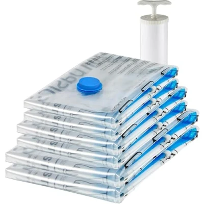 Imagen de Amazon Basics bolsas de vacío Cremallera para almacenamiento, incluyen boca aspirador, 6 Unidad (2 extragrandes, 2 grandes y medianas), Transparente