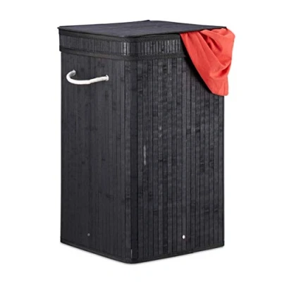 Imagen de Relaxdays Cesto Ropa Sucia con Tapa, Cubo Colada, Cuadrado, Canasta, Bambú, 70 L, 63 x 36 cm, Negro, Algodón, Litros