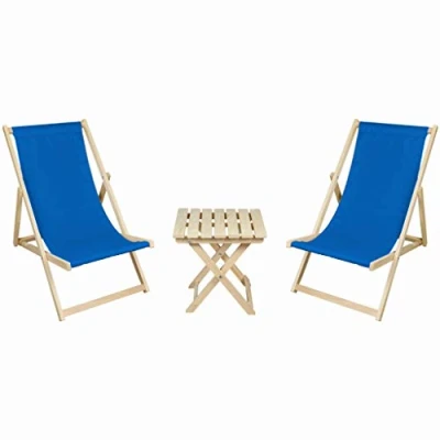 Imagen de 2X Tumbonas + Mesa de Madera, Plegables, con Funda Tela Intercambiable Hecha Madera Haya Tumbona Exteriores Plegado Sillas Jardín (Blue)