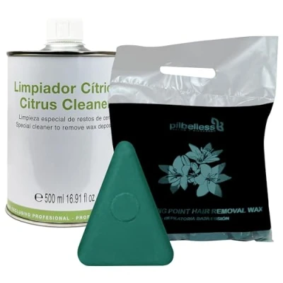Imagen de Pack Pastillas Ceras Depilatorias Baja Fusión 1kg + Limpiador Cítrico para Eliminar los Restos de Cera Aparatos Uso Profesional 500ml (Aloe Vera)