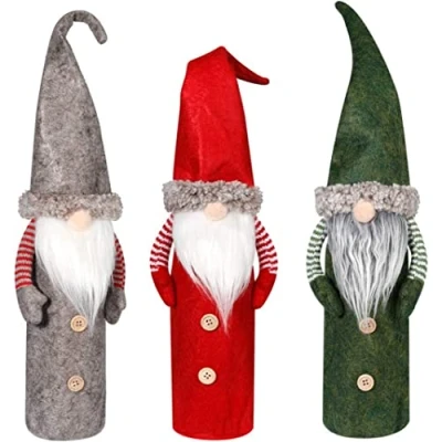 Imagen de KAHEIGN 3 Piezas Funda Navideña para Botella de Vino, Colores Adornos Botellas Vino Sueco Tomte Gnomes Hechos a Mano Bolsas Papá Noel con Cordón Fiesta (45cm x 13cm)