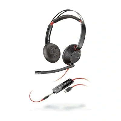 Imagen de Auricular Poly Blackwire 5220 con cable Micrófono de brazo flexible cancelación ruido Diseño ergonómico Conexión A PC/Mac o teléfono móvil mediante USB C, conector 3,5 mm