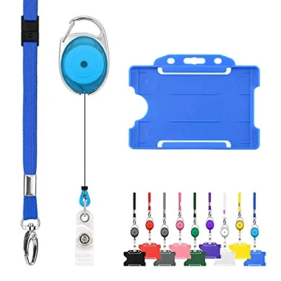 Imagen de LanyardsTomorrow cordón retráctil y soporte de insignia, paquete triple trío incluye un solo liso, mosquetón extensible para tarjeta identificación rígida., color azul