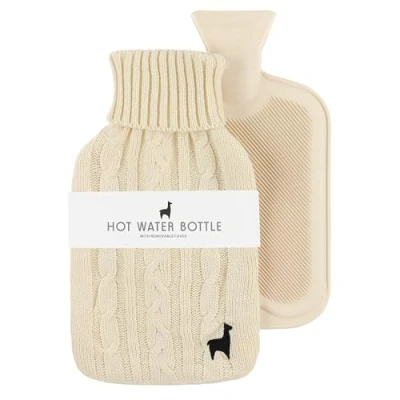 Imagen de Nordstern Bolsa de agua caliente premium con funda punto suave, botella a prueba fugas para aliviar el dolor, cama caucho natural niños y adultos, color beige