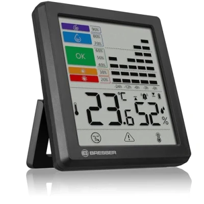Imagen de Bresser Termómetro higrómetro con alerta de moho, indicador color, gestión del clima interior, mide temperatura y humedad, alarma gripe/calor, historial gráfico 95 x 85 21 mm