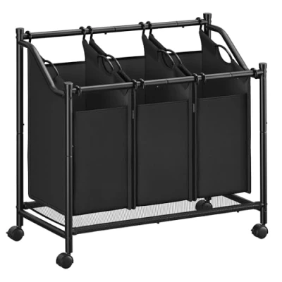 Imagen de SONGMICS Cesto para Ropa Sucia con Ruedas, Carrito Lavandería 3 Bolsas Extraíbles, Cesta Ropa, Carro de Cuarto Lavado, Dormitorio, Baño, x 45 L, Negro Tinta RLS102B01