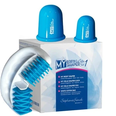 Imagen de Stephanie Franck Beauty Set de Herramientas para Masaje N1 incluye 1 masajeador My Body Shaper, 2 ventosas Cellu Shaper (5,5cm y 7cm) bolsa algodón (azul)