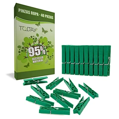 Imagen de Today 40 Pinzas para la Ropa 95% Reciclado. Tamaño Grande, Resistentes, plástico Post Consumo, antióxido, a Prueba de Viento y no Dejan Marca