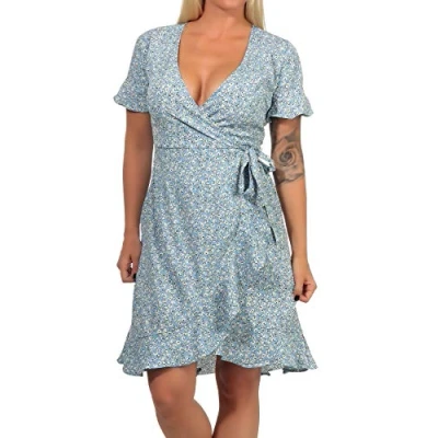 Imagen de ONLY Onlolivia S/S Wrap Dress Wvn Noos Vestido, Azul (AOP/Two Tone Flower Dusk Blue), 38 EU para Mujer