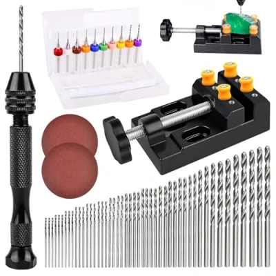 Imagen de 62 Pieza Taladro de Mano, Juego Brocas Mano Herramientas 48 mini 0,5 3,0 mm, 10 PCB 0,3 1,2 mm con Tornillo Banco para DIY Drilling la Perforación Artesanal