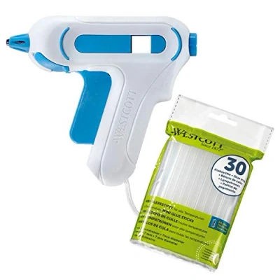 Imagen de WESTCOTT Mini pistola de pegamento caliente I Set: incluye 30 barras para niños blanco azul 7 mm 10 20 W 16000 AZ