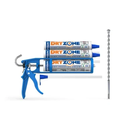 Imagen de Dryzone Kit Completo Cubrimiento de 4,8 metros inyección química para tratamiento humedad capilar: 3 x 310ml tubos Dryzone, pistola silicona, broca