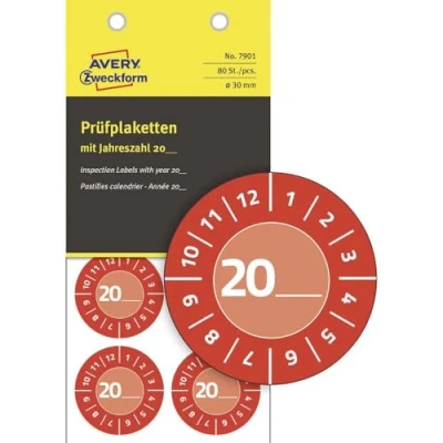 Imagen de AVERY Zweckform 80 unidades de placas prueba 20xx (con año para inscribir, resistente, autoadhesiva, diámetro 30 mm, adhesivo prueba, sello escribir), color rojo 7901