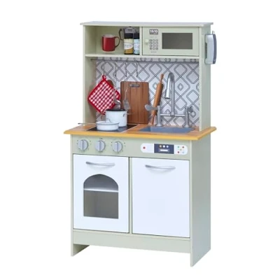 Imagen de Teamson Kids Little Chef Boston Modern Farmhouse Juego de Cocina Madera con Funciones interactivas y 9 Accesorios Juego, Verde Claro/Blanco TD 12679D