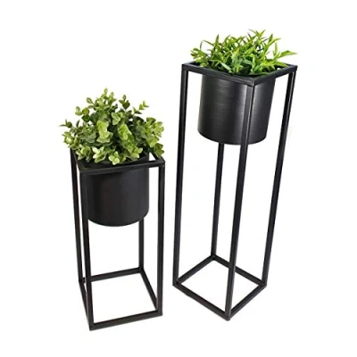Imagen de Spetebo Juego de 2 soportes para macetas metal en color negro Soporte cuadrado con maceta redonda negra 35 y 50 cm