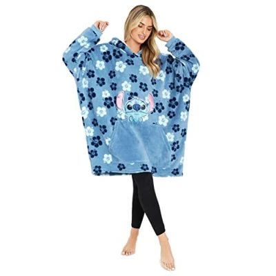 Imagen de Disney Stitch Sudadera Mujer Manta con Capucha de Forro Polar, Talla Única, Oversize Regalos para (Azul Tropical)