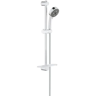 Imagen de GROHE Vitalio Go 100 Conjunto de ducha con bandeja (teleducha 10 cm 1 chorro, barra 62 cm, soportes pared metal, flexo 1,75 m, menor consumo agua, instalación QuickGlue), cromo, 27459000