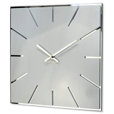 Imagen de FLEXISTYLE Reloj de Pared Cuadrado Exact 30 cm diámetro, sin Ruido tictac Moderno, diseño Cristal acrílico y Espejo acrílico, salón, Dormitorio (Blanco)