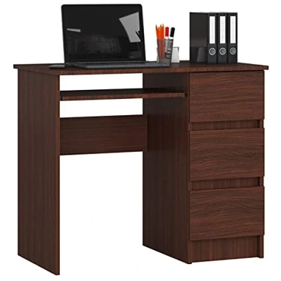 Imagen de AKORD Escritorio a 6 con Estante para Teclado y 3 cajones la Izquierda o Derecha de Oficina Ahorrar Espacio 90x77x50 cm 30 kg Wengé