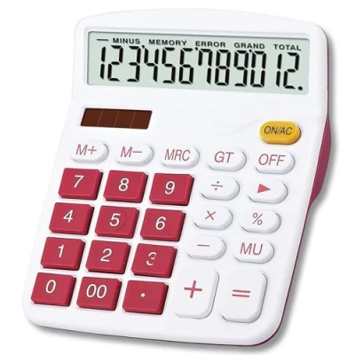 Imagen de Meichoon Grande Sobremesa Calculadora Básica de Office Batería Solar Dual Power Pantalla 12 Dígitos Función Estándar Multifuncional para Oficina/Hogar/Escuela Rojo KA08
