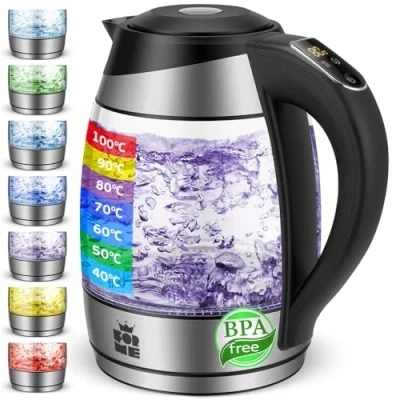 Imagen de ForMe Hervidor Eléctrico de Vidrio Agua 1,8 Selección Temperatura Regulable 40 100ºC I Pantalla Digital Siete colores LED Libre BPA Cristal Hervidora Función Mantener Caliente Tetera