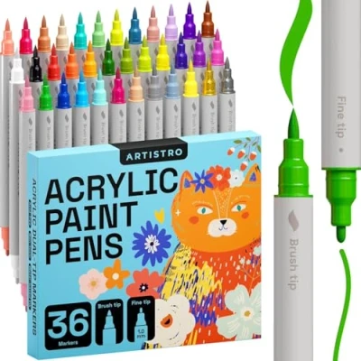 Imagen de ARTISTRO Rotuladores de pintura acrílica, set artístico, marcadores acrílicos doble punta, para tela, lienzo, piedra, vidrio, madera, papel, bricolaje (doble punta + fina, 36).