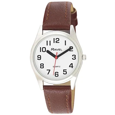 Imagen de Ravel Reloj con Correa de Ayuda Visual Unisex Super Atrevido Grandes números Marrón/Tono Plateado/Esfera Blanca