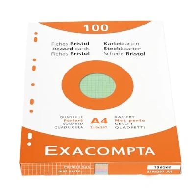 Imagen de Exacompta Bristol Tarjeta de registro, Cuadrícula y perforado, A4, paquete 100 tarjetas, Surtido (Azul/Amarillo/Verde/Rosa), tarjetas