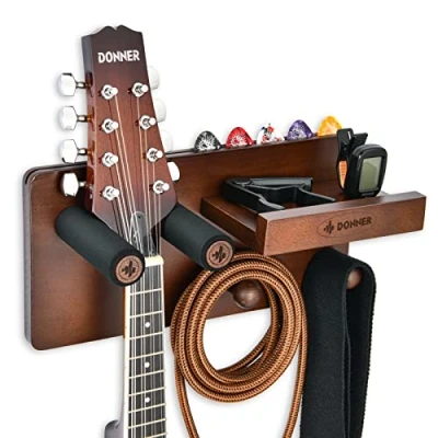 Imagen de Donner Soporte Guitarra Pared Madera, Colgador Pared, Gancho Multifuncional para Ukelele con Púas y 2 Ganchos Ukelele, Violín, Bajo accesorios