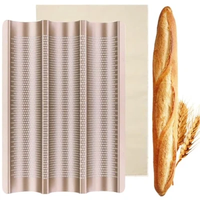 Imagen de QIYILE molde para baguette, bandeja 3 baguettes, de acero, pan con lino panadería, revestimiento antiadherente, hornear pan, accesorios