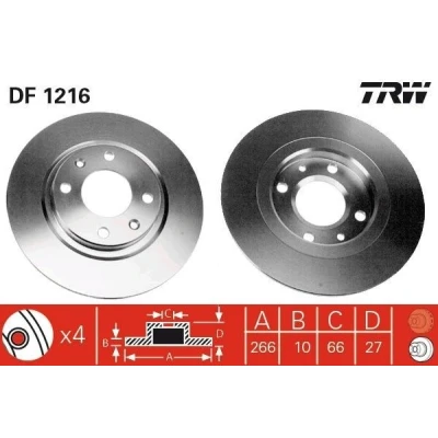 Imagen de TRW DF1216 Disco de freno 266 10 4 108 macizo barnizado con tornillos PEUGEOT: 405 II Berlina, I Familiar, CITROËN: BX Hatchback