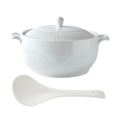 Imagen de NNYCC Sopera Blanca con 2 Asas, de Porcelana Tapa y Cuchara Cuencos para Servir Cocina Microondas,Blanca,L