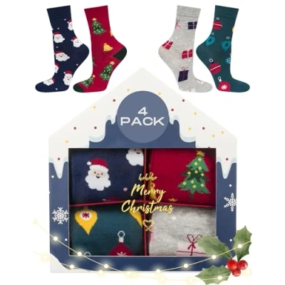 Imagen de soxo Navidad Calcetines Mujer Algodon Regalos Originales Para Hombre Divertidos 35 40 4 Pares Caja Navideña 5