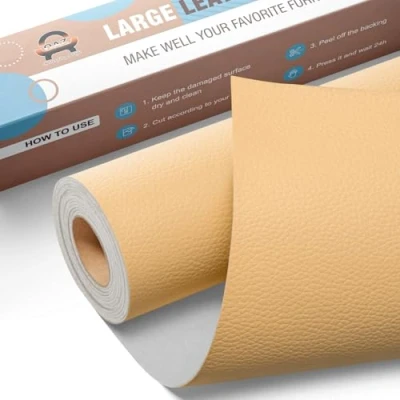 Imagen de Polipiel Adhesiva para Tapizar, Cuero Adhesivo Tapizar 40x80 cm, Kit de Parche Reparación Autoadhesivo Asientos Automóviles, Sofás, Sillas, Billeteras Beige y amarillo