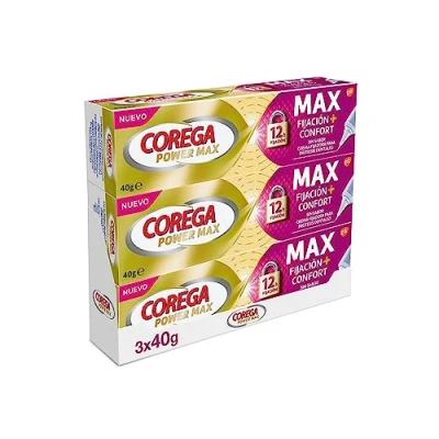 Imagen de Corega Max Fijación + Confort, Crema Fijadora Para Prótesis Dentales Sin Sabor, y Comodidad, Pack de 3x40 g