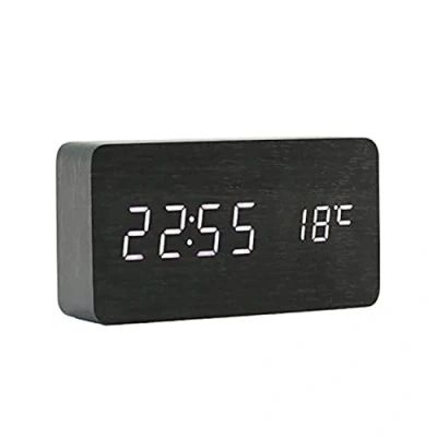 Imagen de ThreeH Despertador Reloj Escritorio Pantalla LED Alarma Madera con Ajuste Automático Brillo para Oficina Dormitorio AC11Black_White