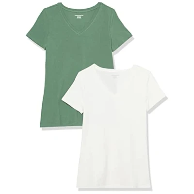 Imagen de Amazon Essentials Camiseta de Cuello en v Manga Corta y Ajuste Clásico Mujer, Pack 2, Verde Salvia/Blanco, S