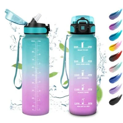 Imagen de Botella Agua Deporte 1L, con Marcador de Tiempo, Pajita, Reutilizable, Motivadora y Prueba Fugas, Cantimplora para Oficina, Senderismo, Bicicleta