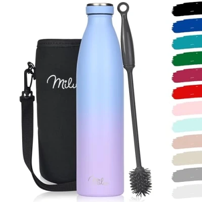 Imagen de Milu botella de acero inoxidable 350ml 500ml 750 ml 1 L 1,5 agua aislada, termo a prueba fugas, doble pared, apta para ácido carbónico + cepillo limpieza (Azul Violeta, 1L)