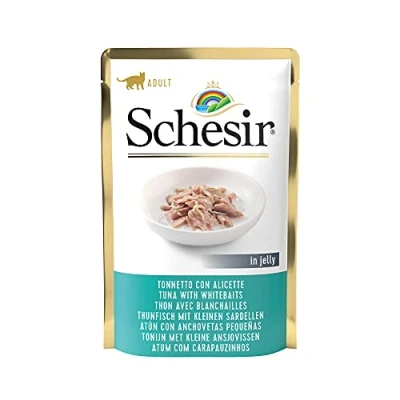 Imagen de Schesir, Comida Húmeda para Gatos Adultos, Sabor Bacoreta con Anchoas, Preparado en Gelatina Blanda Total 1,7 kg (20 sobre x 85 gr)