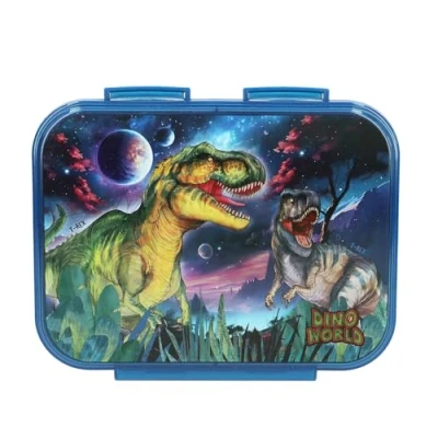 Imagen de Depesche 13399 Dino World Galaxy Azul Oscuro, con Motivo de Dinosaurio y diseño Espacial, Fiambrera 3 Compartimentos Tapa Transparente, Multicolor, One Size
