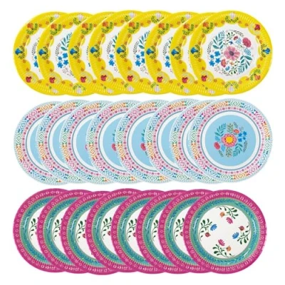 Imagen de Talking Tables Platos de papel florales colores bohemios, paquete 24 vajilla desechable para decoración fiesta cumpleaños niños, temática hawaiana, picnic verano, barbacoa, 23 cm,