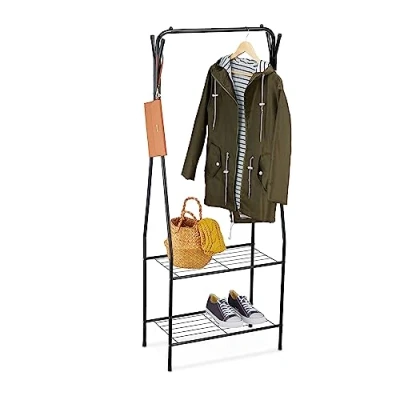 Imagen de Relaxdays Kleiderständer Perchero Burro Metálico con 2 Baldas, 4 Ganchos, Colgador para Ropa, 158 x 60 33 cm, Mueble Entrada, Negro, Hierro