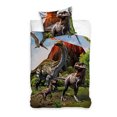 Imagen de Familando Ropa de cama infantil dinosaurios para niños, 135 x 200 cm, 80 100 % algodón con cremallera, diseño cuello largo T Rex