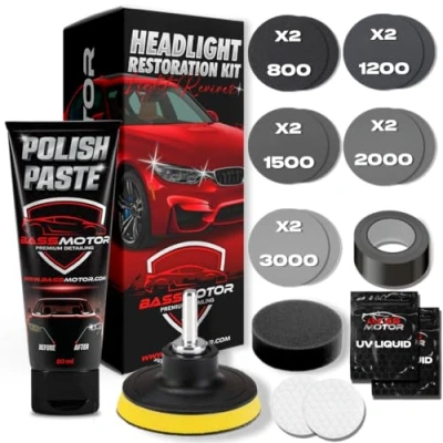 Imagen de BassMotor Kit Pulir Faros Desgastados Para Restauración Coche Lijar Limpiador Opacos Pulimento ITV Amarillos Degradación Mejor Visibilidad y Seguridad Competo Uso Fácil en Casa