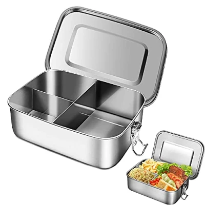 Imagen de WEIWUXIAN Fiambrera Acero Inoxidable, Caja Almuerzo Bento, Prueba Fugas, Contenedores Alimentos Con Anillo Sellado y 3 Compartimentos, para Lavavajillas Niños Adultos, 1000ml
