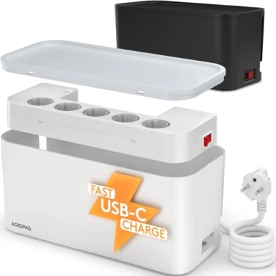 Imagen de ACROPAQ Caja organizadora Cables con regleta enchufes Carga Ultrarrápida, 5 Tomas, 3 USB (A+C), 30 x 14 cm, 2M de Cable Blanca