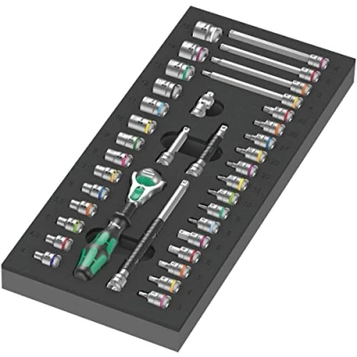 Imagen de Wera 05150110001 9720 Depósito de espuma juego carraca Zyklop 8000 a 1/4&quot; Set 1, 37 piezas, Negro verde