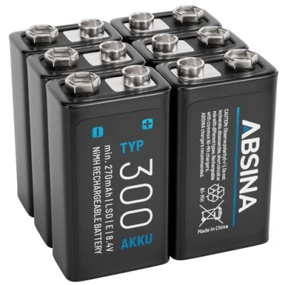 Imagen de ABSINA 6X Pilas 9V Recargables 300 con Baja Autodescarga Pila de Bloque NiMH 8,4V y al Menos 270mAh Recargable, Battery, bateria 9V, 6LR61, Recargable 6F22
